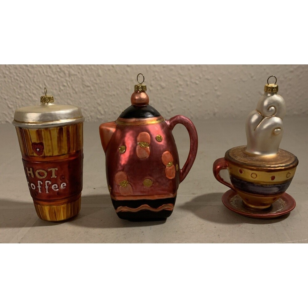 Vintage Glass Coffee Ornament Coffee Pot Cup Travel Mug Set Of 3